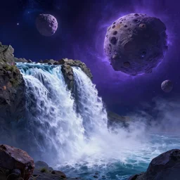 waterfall in asteroid field, purplish blueish space in background, ultra detailed, artstation award winner, digital painting, 8k, vibrant, detailed water