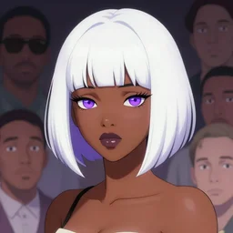 portrait of a black anime manga girl, french bob hair, white hair, purple eyes, by artgerm, james jean, tom bagshaw, gerald brom, vaporwave colors, lofi colors, vaporwave, lofi, goth vibe, 4 k, smooth, hd, substance designer render, full body character concept art, symmetrical, 2 point lighting,