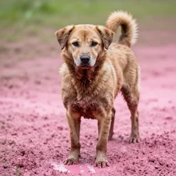 a dirty dog in pink mud. photo