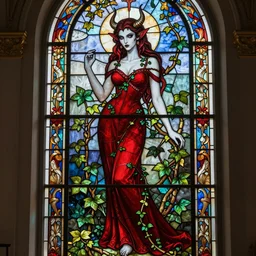 a stunningly detailed full body stained glass window of a beautiful demon dressed as poison ivy with white skin wearing a long floor length red dress, dark eyeliner, intricate, elegant, highly detailed, digital painting, artstation, concept art, sharp focus, illustration, art by greg rutkowski and alphonse mucha
