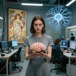 a woman in a grey dress holding a brain, in a room full of wires and computers and neural networks, sci - fi, 4 k realistic, artem demura. alphonse mucha. yoji shinkawa artgerm. jon lothian. danilo torres. adi meyers. thomas reimann. gaston bussiere.