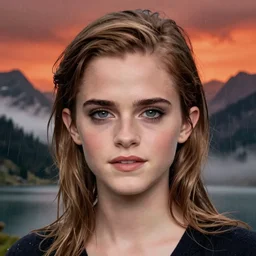 color matte photo of emma watson at a mountain landscape, lake, orange red sky, fog, mist, rain, straight detailed face closeup heavy makeup