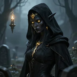 portrait of beautiful elf necromancer in graveyard, black hood, gloom, detailed face, black skin, glowy gold eyes, golden accessories, floating, high fantasy, dnd, highly detailed, smooth, sharp focus, digital illustration, by artgem, rossdraws, sakimichan