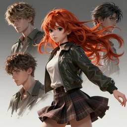 Very complicated dynamic composition, photorealistic anime gentle style at Pixiv by WLOP, ilya kuvshinov, krenz cushart, Greg Rutkowski, trending on artstation. Zbrush sculpt colored, Octane render in Maya and Houdini VFX, young redhead girl in motion, wearing jacket and skirt, silky hair, black stunning deep eyes. Amazing textured brush strokes. Cinematic dramatic soft volumetric studio lighting