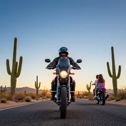road california desert, sunset, blue sky, cactus, high detailed, one motorbike in center of frame, drive out, couple of boy and girl riding, realistic photo, by inspired by greg rutkowski, android jones, beeple, rhads, shaun tan, frostbite 3 rendered, octan render, maya