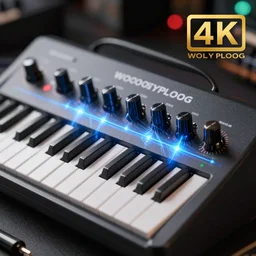 high quality hd macro photo of the new woogyploog synthesizer, utilizing state of the art neural laserbeam synthesis, product shot, 4k photo, promo image, bokeh
