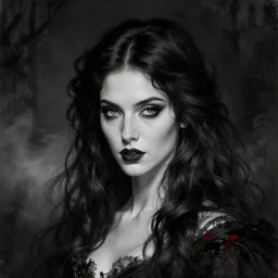 highly detailed oil painting | very intricate | cinematic lighting | black, white and blood color scheme, dark background | portrait of a exquisite beautiful vampire jena malone with long elegant tangles of black hair, eyes, gothic fog ambience, hyper realistic head, fantasy victorian art, in the style of greg rutkowski, zdizslaw beksinski, intricate, alphonse mucha