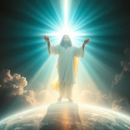 jesus bringing light to earth with btc, glorious, dramatic, volumetric ligthing, digital painting, ultra sharp, extreme details
