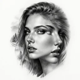 tattoo design sketch of a beautiful woman face with a faded background of beautiful nature on her side, hyper - realistic, in the style of den yakovlev, amazing detail, black and white