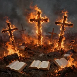 burning crosses and bibles in an apocalyptic landscape, fields of embers, hyper realism, painted by giger, 4 k, high resolution, macabre