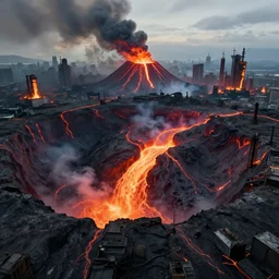 a cyberpunk city in the crater of a volcano, lava flowing, smoke, fire, industrial, by paul lehr