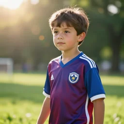 a young boy wearing soccer clothes in the park ultra realistic, lens flare, atmosphere, glow, detailed, intricate, full of colour, cinematic lighting, trending on artstation, 4 k, hyperrealistic, focused, extreme details, unreal engine 5, cinematic, masterpiece, ultra realistic, hyper realistic, highly detailed, sharp focus, digital art
