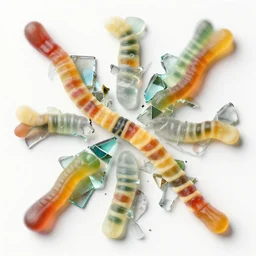 irregular fractals of matte striped colored gummi worms, segmented broken glass shards, motion blur, distortion