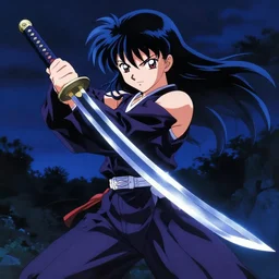 Anime Screenshot of a Baiken unsheathing her sword at night, strong blue rimlit, visual-key, anime illustration in the style of Gainax