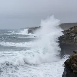 storm hitting the coast line, massives waves breaking on cliffs, foggy atmosphere with mist