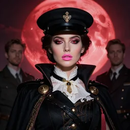 Attractive pink lips red eyes, Classy Dressed Overseer , Apocalyptic Red moon in the morning, masterpiece by Edgar Maxence and Ross Tran and Michael Whelan, gustav dore, 8k, octane render