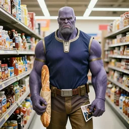 thanos grumpily waiting in line at walmart grocery store, holding a baguette, photograph, 16mm f/1.4, 4k