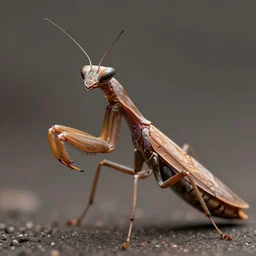 portrait of an anthropomorphic insectoid, predatory praying mantis, brown exoskeleton, flat triangle - shaped head, thin antennae, concept art, deep focus, fantasy, intricate, highly detailed, digital painting, artstation, matte, bokeh, illustration, art by marc simonetti