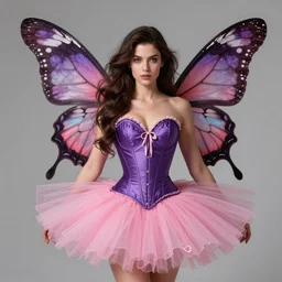 brunette woman with long hair, butterfly wings, wearing a purple corset and pink tutu, centered, fantasy, highly detailed, digital painting, trending on artstation, concept art, sharp focus, illustration, splash art by artgerm and greg rutkowski and magali villeneuve