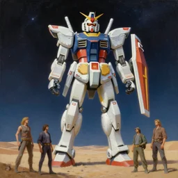 a giant statue of jesus gundam in the desert in space, tim hildebrandt, wayne barlowe, bruce pennington, donato giancola, trending on artstation, cinematic composition, beautiful lighting, hyper detailed, 8 k, oil on canvas