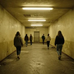 the backrooms, the eerie forlorn atmosphere of a place that's usually bustling with people but is now abandoned and quiet, walls with a monochromatic tone of yellow, buzzing fluorescent lights, unsettling images
