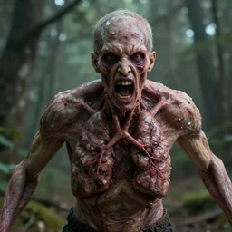 still from a horror movie of grotesque deformed human lunging towards the camera, highly detailed, horror movie scene, unreal engine, octane render, natural light outside