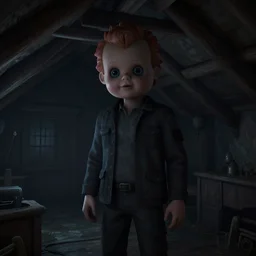dark attic with the man with a doll head, dark ,night, 3D, videogame