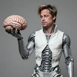 Papier Mache Biopunk Brad Pitt brandishes his brain and spinal interdimensional parasite whilst wearing a white nanotech vest encaustic silverpoint edouard riou ruan jia greg rutkowski achille beltrame fantasy genre