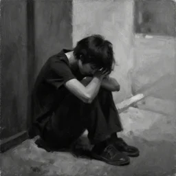 a sad person with his head down sitting at a corner, black and white, dramatic light, obscure, strokes painting, close view