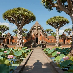 summer socotra island with temples and dragon trees and lotus ponds, sharp focus, wide shot, trending on ArtStation, masterpiece, by Greg Rutkowski, by Ross Tran, by Fenghua Zhong, octane, soft render, ultrarealistic, colorful, cinematic, matte painting, shadow of the tomb rider