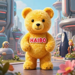 portrait of haribo bear in future city, color and shape focus, cnetral composition, natural light, bloom, puff, by simon stalenhag and rene magritte and anton fa