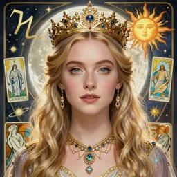 evanna lynch portrait by louis - theophile hingre and alphonse mucha, realistic, sharp focus, zodiac signs, tarot cards, planets, ethereal, art nouveau, magic, moon, sun, crown, dreamy, royal, jewellery