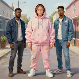 sydney sweeney from die antwoord in the style of martine johanna and david choe, wearing a hoodie, standing in a township street, street fashion outfit,!! haute couture!!, full figure painting by martine johanna, artgerm, ismail inceoglu, pastel color palette, sharp focus, detailed, intricate, elegant, 2 4 mm lens