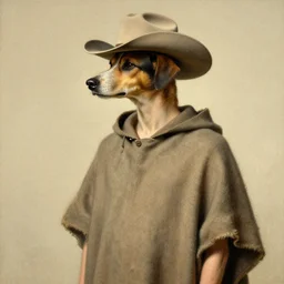 a person with the head of a dog and the body of a slender man wearing a cowboy hat and poncho. By Zabrocki, Raphael Lacoste. JC Leyendecker.