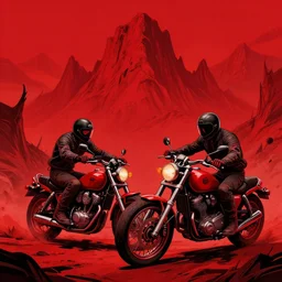 horror art, motorbikers fight in hell, red peaks in the background, art by ismail inceoglu
