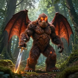 wide angle dslr photograph of a very hairy bigfoot with bat wings and firey eyes holding a giant magic sword, standing in a forest clearing, epic cinematic lighting, photoshop & blender