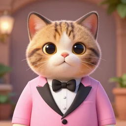 portrait, 3d render , anthropomorphic cat, wearing a Pink tux, in the style of Zootopia