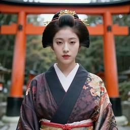 techwear kimono occultist, torii gate, inari shrine, miko, hime, beautiful, detailed symmetrical close up portrait, intricate complexity, in the style of kyoto animation key visuals and takato yamamoto, artgerm, cel shaded