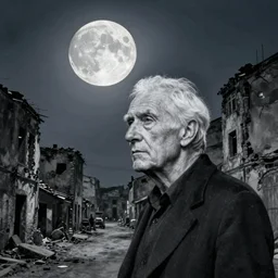 old white - headed man under the huge moon on a street of ruined city by beksinski, very coherent