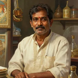 hyperdetailed portrait of an indian shopkeeper, digital painting, artstation hq, sharp foccus ilustration, artstation hq. intricate, elegant. wlop, artgerm, greg rutkowski, alphonse mucha, medium shot. dan mumford, tomokazu matsuyama, takato 4 yamamoto