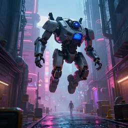a film still from ready player one by ian mcque, an anti - crime unit with a military mech descends upon an alley on an industrial planet city, vibrant, 5 0 mm lens, video game character and environment design, behance hd, studio, urban patrol, evening, dramatic lighting, misty and raining, cinematic, global illumination, trending on artstation, bloom