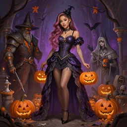 ariana grande trick or treating in halloween night, full body shot, intricate, highly detailed, digital painting, artstation, concept art, matte, sharp focus, illustration, hearthstone, art by artgerm and greg rutkowski and alphonse mucha