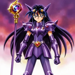 dark magician girl from yu-gi-oh, purple shell armor, staff, stern look, anime style, full view