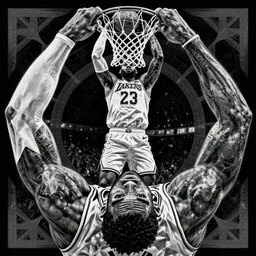 lebron james dunking, highly intricate, symmetry, highly detailed, award winning art, trending on art station