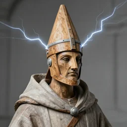 realistic photo portrait of a a sculpture of medieval scientist ritual monk cone hat helmet made of wood, with plastic details detailed, electricity laser beam aura, sci - fi, greyscale 1 9 9 0, life magazine photo, natural colors,
