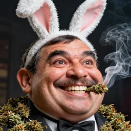 hyper realistic, close up portrait of a explosive mega derpy mr. bean, big chungus, with bunny ears, smoking massive amounts of weed, big smile, buck teeth, by greg rutkowski, scott m fischer, artgerm, loish, slight glow, atmospheric, anne stokes, alexandros pyromallis, 4 k, 8 k