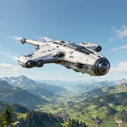 a protoss spaceship flying over switzerland landscape artstation, unreal engine 5, 4 k, ultra detailed