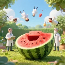a watermelon in a back yard laughing happily at the mad scientists which are falling from the sky , made by Stanley Artgerm Lau, WLOP, Rossdraws, ArtStation, CGSociety, concept art, cgsociety, octane render, trending on artstation, artstationHD, artstationHQ, unreal engine, 4k, 8k,