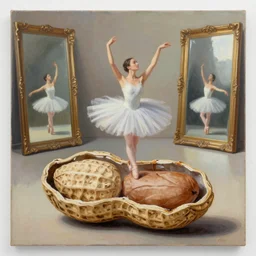 painting of a peanut, intricate, high detail, dancing ballet, studio, mirrors, lighting
