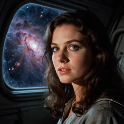 close-up portrait of Mila Kunis exploring an eerie derelict space station, nebula through window, 1980s, Ludek Pesek, Rick Guidice, Chesley Bonestell, Lucien Rudaux, Rolf Klep, Fred Freeman, George Pal